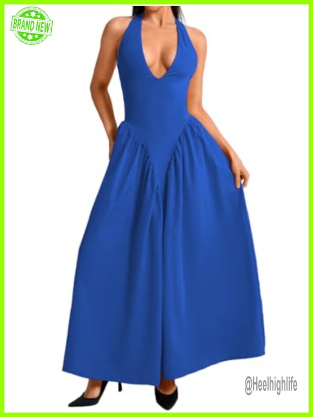 Halter Maxi Dress Deep V Neck Flowy Wedding Guest Vacation